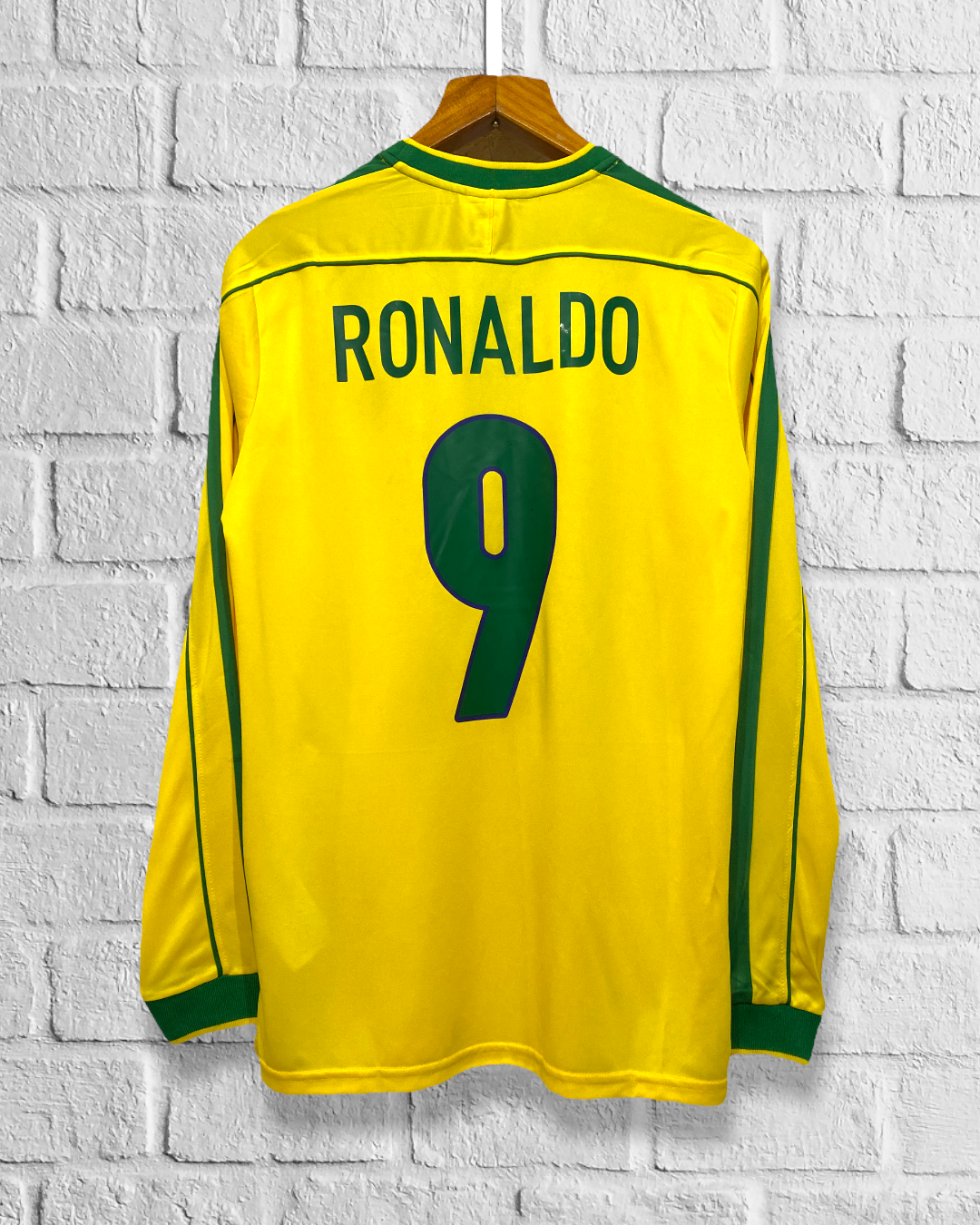 Jersey Retro Brasil 1998 Local Ronaldo Manga Larga dorsal