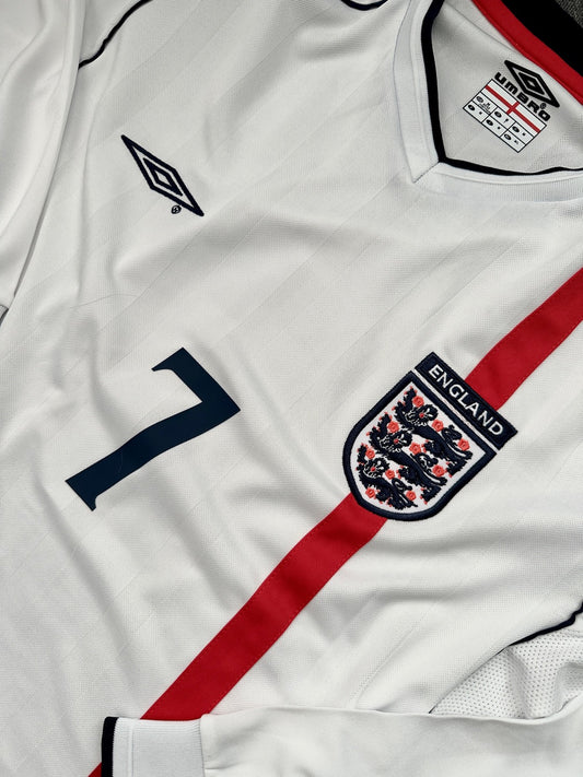 Jersey Retro Inglaterra 2002 Local Manga Larga Beckham detalle